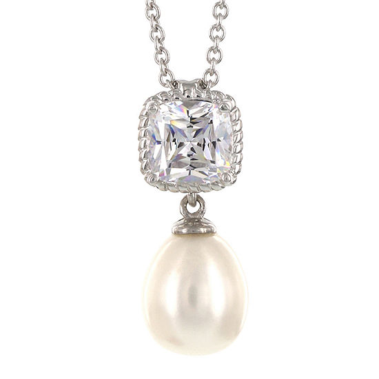 DiamonArt® Cultured Freshwater Pearl and Cubic Zirconia Sterling Silver Pendant Necklace