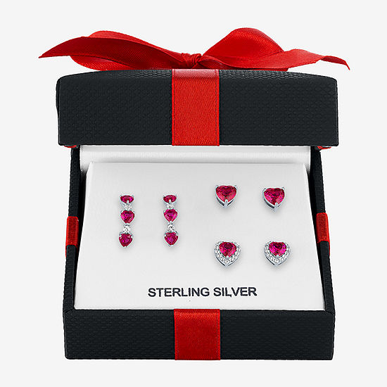 Lab Created Red Ruby Sterling Silver Heart Earring Set