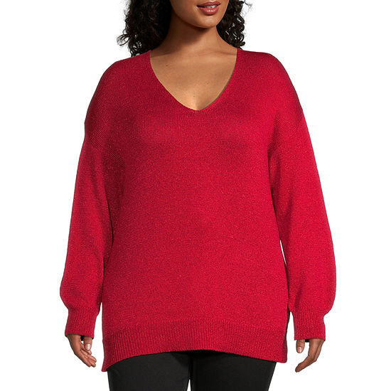 Liz Claiborne Plus Womens V Neck Long Sleeve Pullover Sweater