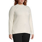 Liz Claiborne Plus Womens Mock Neck Embellished Long Sleeve Pullover Sweater