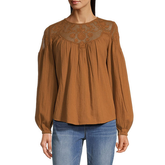 a.n.a Womens Crew Neck Long Sleeve Adaptive Embroidered Blouse