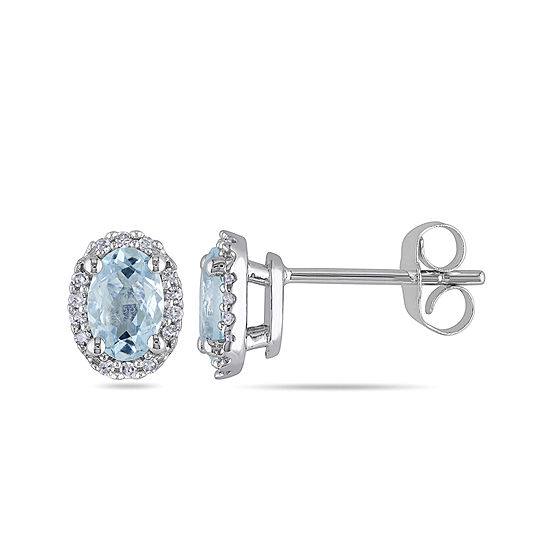 Oval Genuine Aquamarine and Diamond-Accent 10K White Gold Halo Earrings