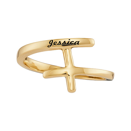 Personalized 10K Yellow Gold Sideways Cross Name Ring