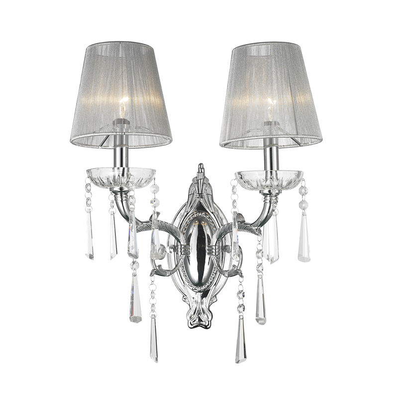 Orleans Collection 2 Light Arm Chrome Finish And Clear Crystal Wall Sconce With White String Shade 15