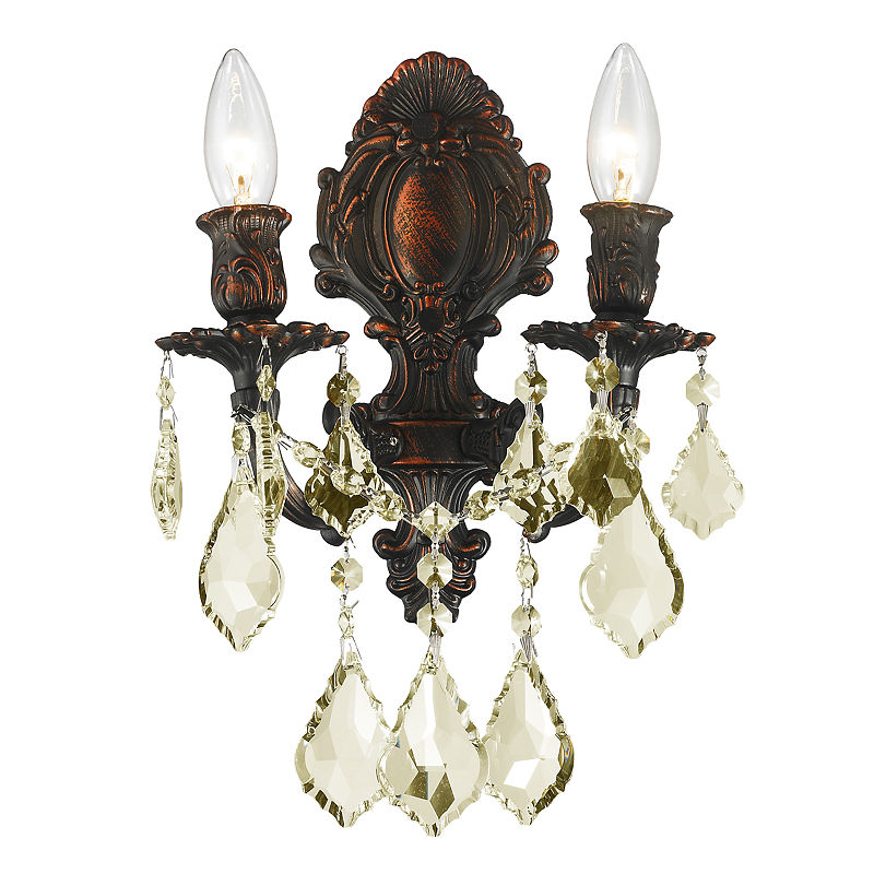 Versailles Collection 2 Light Golden Teak Crystal Candle Wall Sconce, Yellow