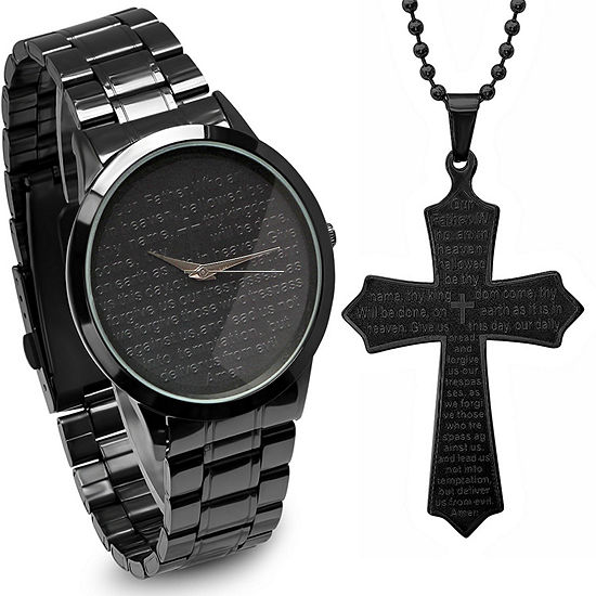 Steeltime Mens Lord's Prayer Black Bracelet Watch and Cross Pendant Necklace-B80-011-W-618-579-P