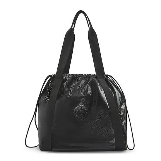 Elmar Lacquered Drawstring Tote Bag, Jet Black Glam, large