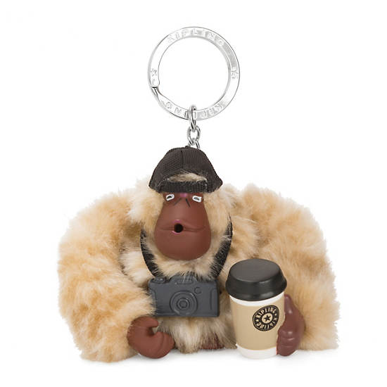 Travel Monkey Keychain, Silver Beige, large