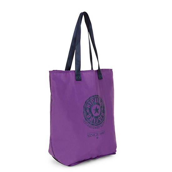 Hip Hurray Packable Tote Bag, Purple Feather, large