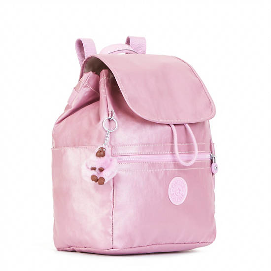 Ellaria Metallic Small Drawstring Backpack, Metallic Pink Plum, large