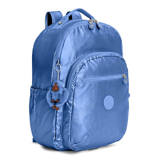 Seoul Large Metallic Laptop Backpack, Blue Bleu 2, large