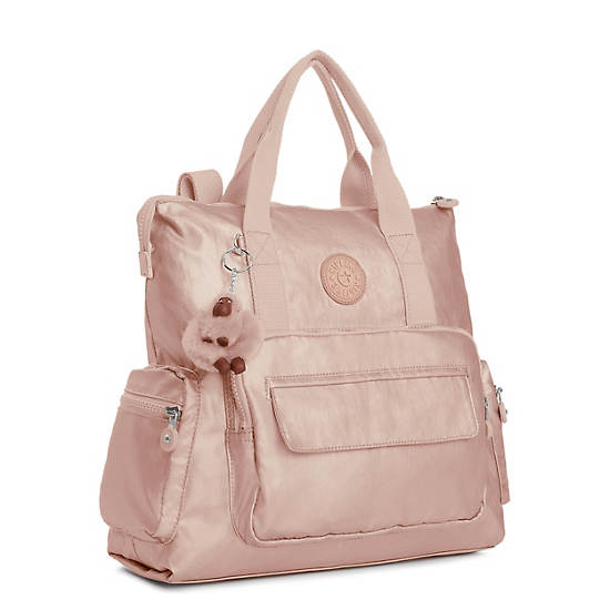 Alvy 2-in-1 Convertible Metallic Tote Bag Backpack, Rose Gold Metallic, large