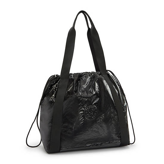 Elmar Lacquered Drawstring Tote Bag, Jet Black Glam, large