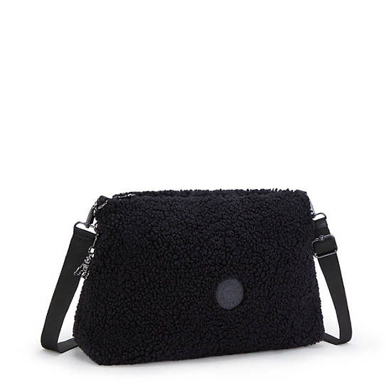 Pollie Medium Sherpa Shoulder Bag, Black Fuzz, large