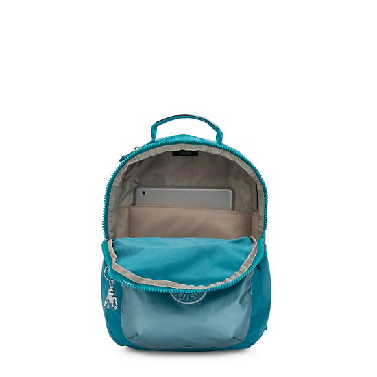 Seoul Small Metallic Tablet Backpack, Peacock Teal, large
