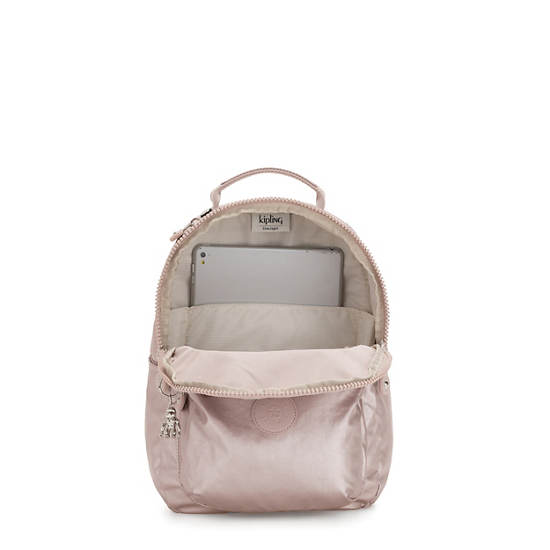 Seoul Small Metallic Tablet Backpack, Metallic Rose, large