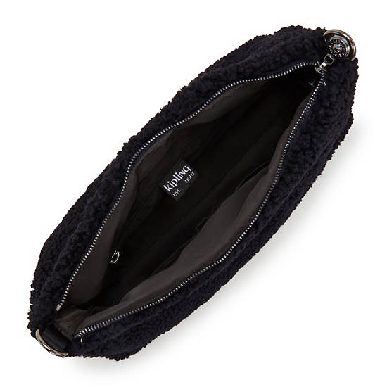 Pollie Medium Sherpa Shoulder Bag, Black Fuzz, large