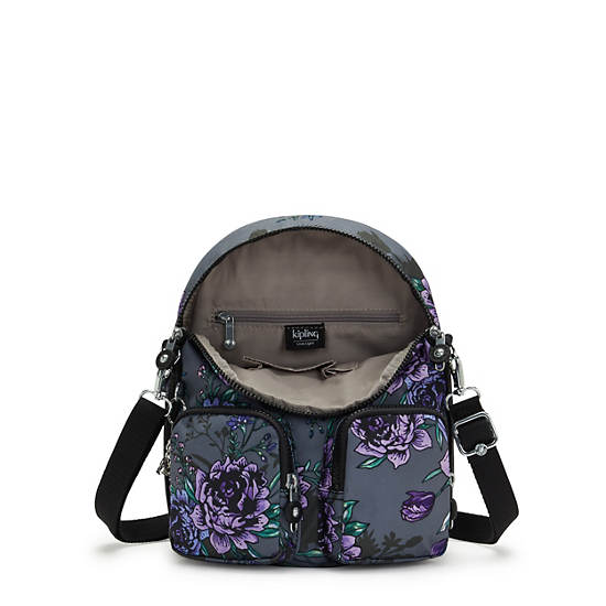 Firefly Up Printed Convertible Backpack, Black Sateen, large