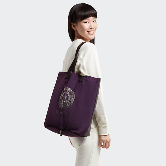 Hip Hurray Packable Tote Bag, Deep Purple Block, large Hip Hurray Packable Tote Bag, Deep Purple Block, large