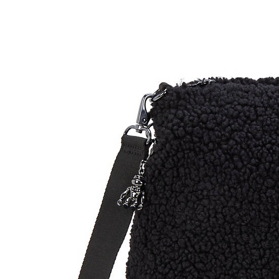 Pollie Medium Sherpa Shoulder Bag, Black Fuzz, large