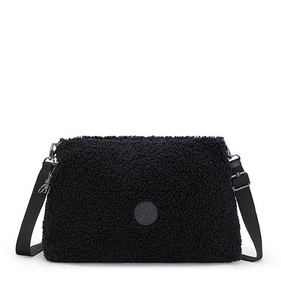 Pollie Medium Sherpa Shoulder Bag, Black Fuzz, large