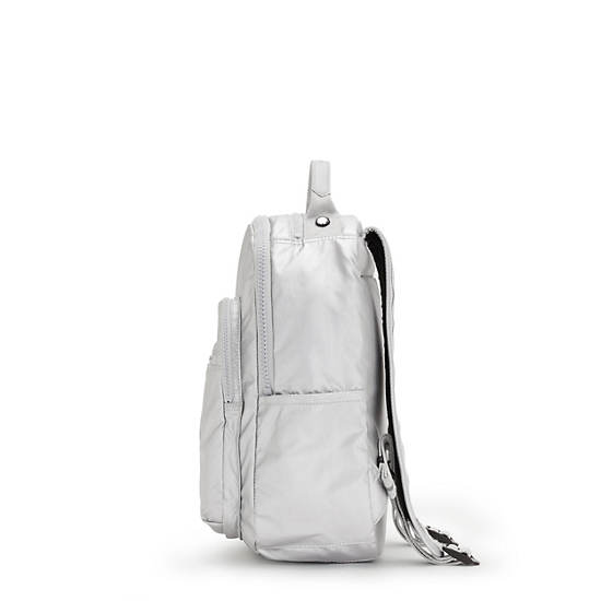 Seoul Small Metallic Tablet Backpack, Bright Silver, large