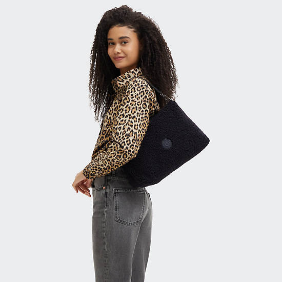 Pollie Medium Sherpa Shoulder Bag, Black Fuzz, large