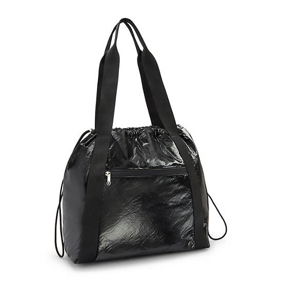 Elmar Lacquered Drawstring Tote Bag, Jet Black Glam, large