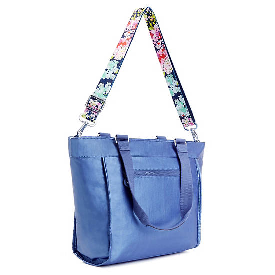 New Shopper Small Metallic Tote Bag, Blue Bleu 2, large