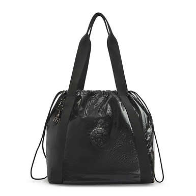 Elmar Lacquered Drawstring Tote Bag - Jet Black Glam