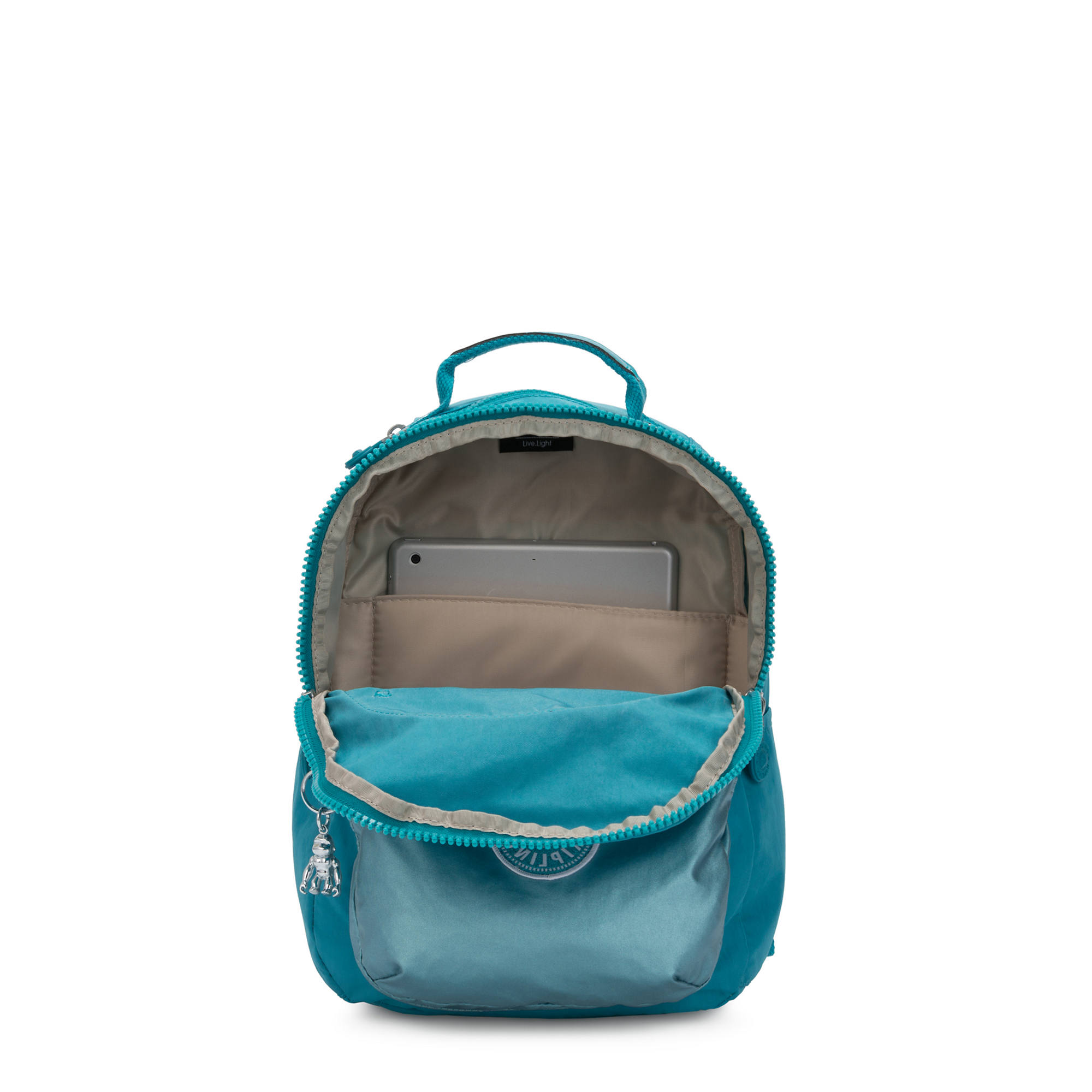Seoul Small Metallic Tablet Backpack, Turquoise Sea Metallic Block, large-zoomed