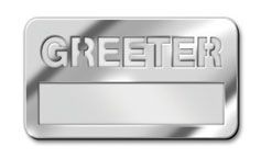 Silver Greeter Badge with Cut Out Lettering