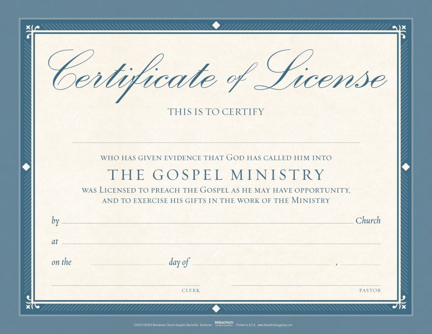 Certificate of License for The Gospel Ministry - Flat Parchment ...