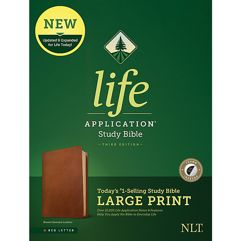NLT Life Application Study Bible, Third Edition, Large Print (Red Letter, Genuine Leather, Brown, Indexed)