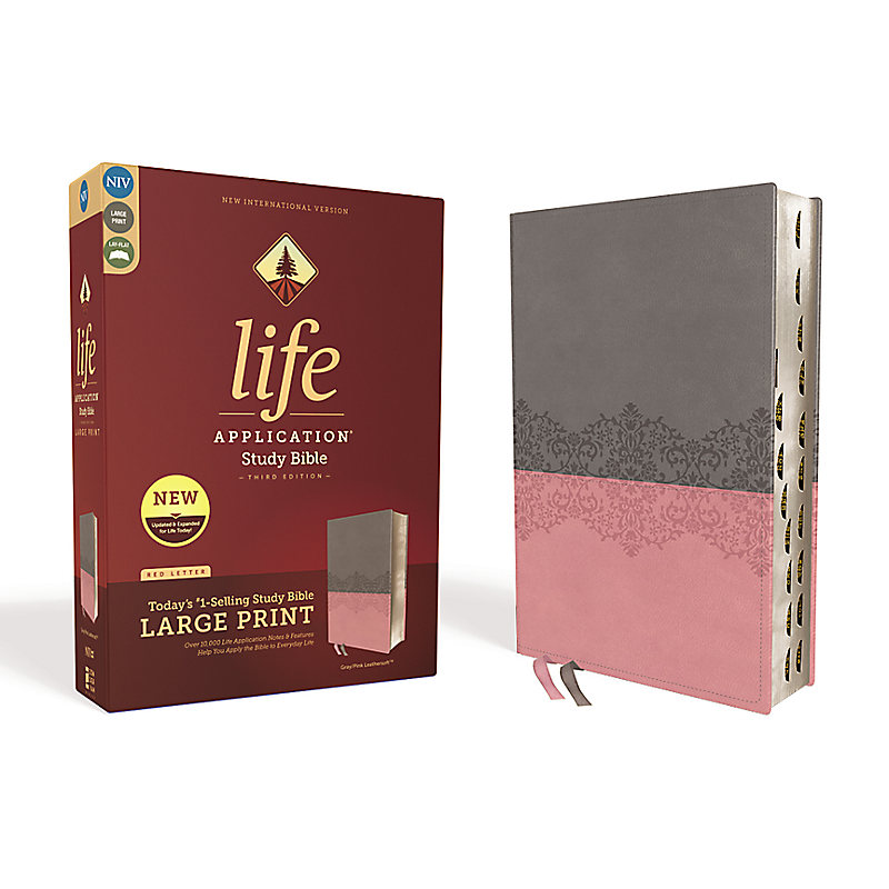 NIV, Life Application Study Bible, Third Edition, Large Print, Leathersoft, Gray/Pink, Red Letter Edition, Thumb Indexed