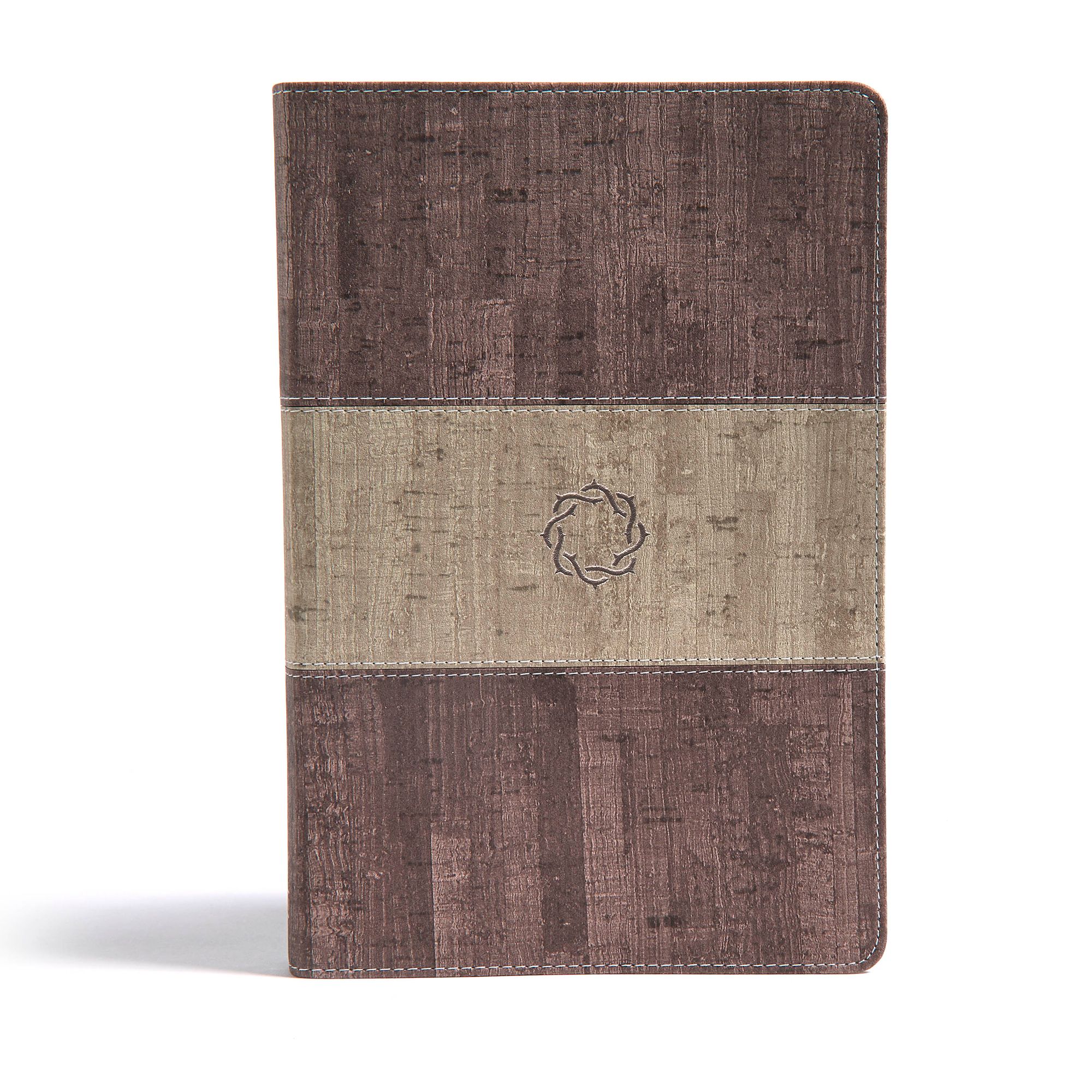 Bible with a cork and brown LeatherTouch cover featuring an embossed crown of thorns symbol.