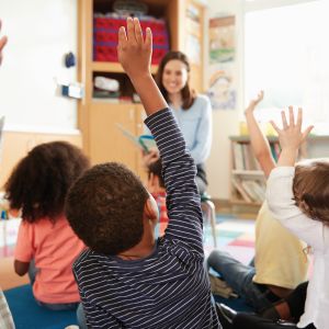 children raising their hand in class