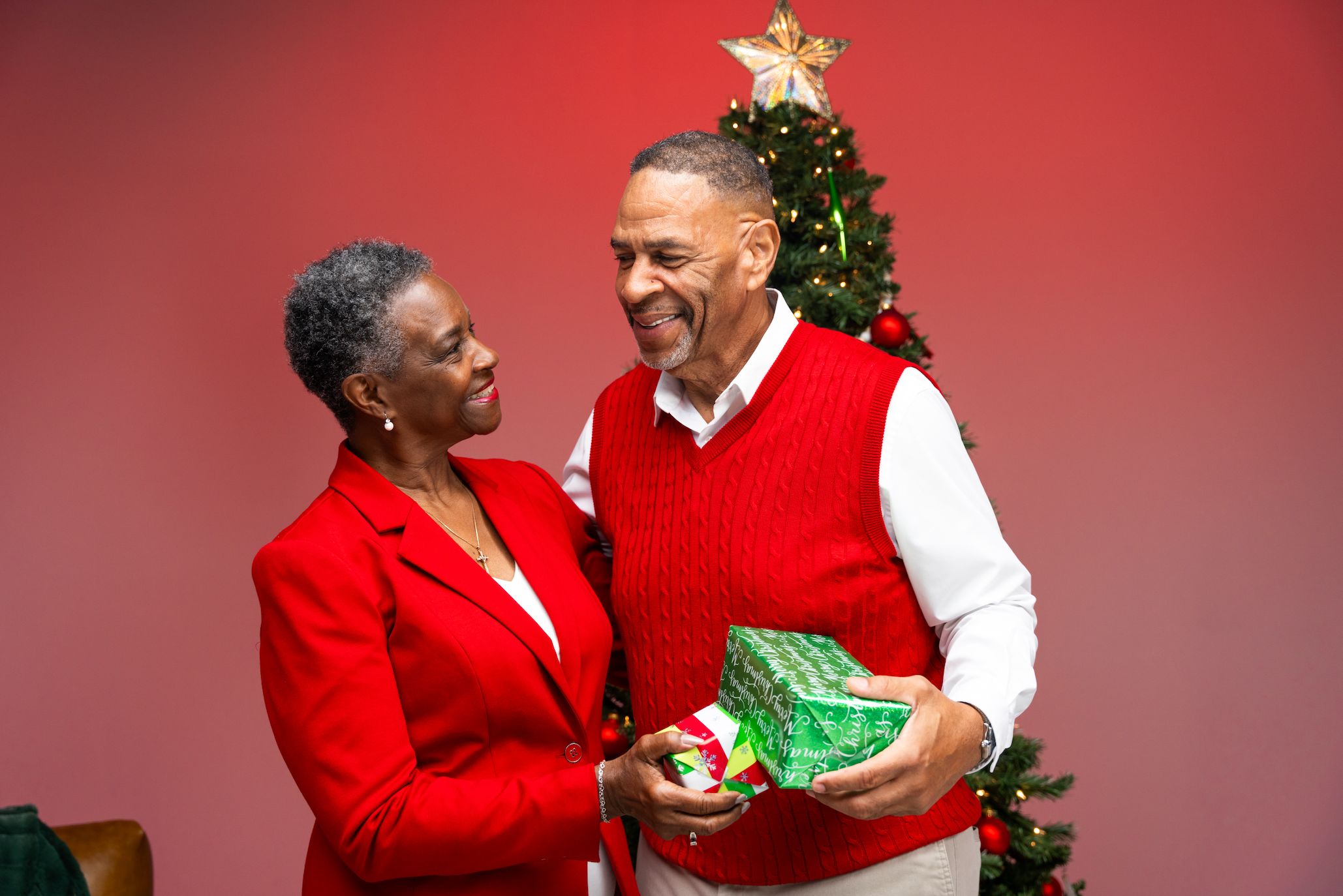 A couple exchanging gifts