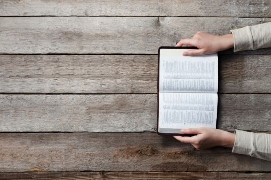 Woman reading the Bible on a picnic table