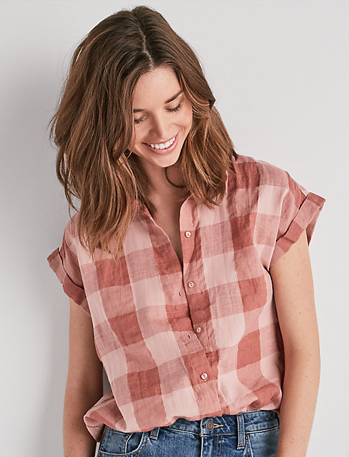 PLAID SHORT SLEEVE TOP, PINK MULTI