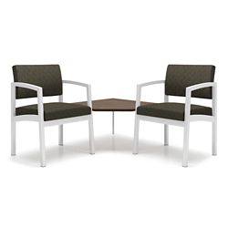 Two Steel Frame Designer Fabric Chairs with Corner Table