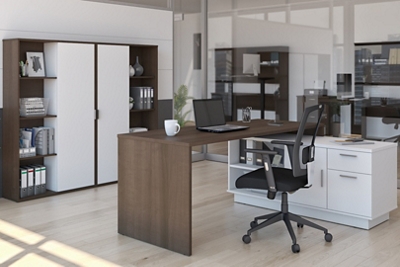Equinox Office Set with L-Desk and Storage Cabinets with Open Shelving