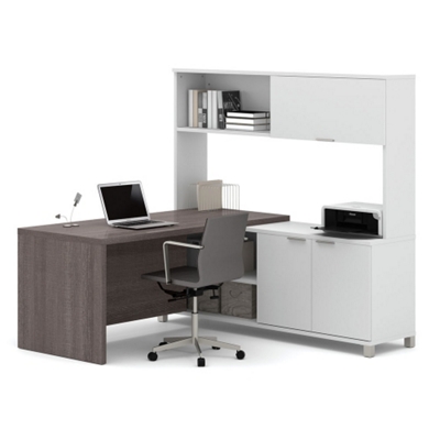 Pro Linea L-Desk with Storage Hutch and Open Shelving - 71.1"W