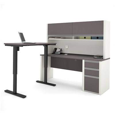Reversible L-Shaped Desk with Adjustable Height Return and Storage Hutch