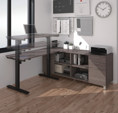 Pro Linea Adjustable Height Reversible L-Shaped Desk with Open Shelves