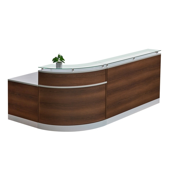 Esquire Glass Top Reception Desk 79 inchw x 63 inchd Mahogany Laminate Silver Laminate Desktop Kickplate and Accents Glass Top