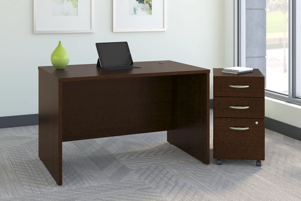  USA-made Bush Series C workstation with Mocha Cherry desk and mobile file cabinet.