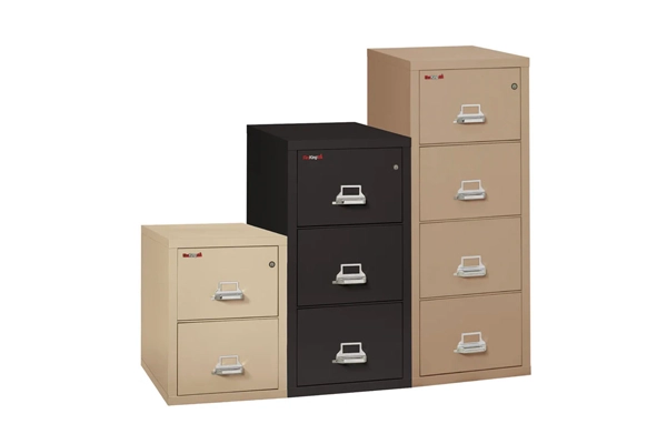 USA-made FireKing vertical filing system with three file cabinets: one two-drawer, one three-drawer in black and one four-drawer.