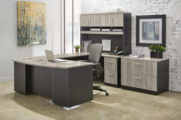 USA-made Sauder Via collection with Hudson Elm top and Soft Black base finish, featuring a desk, hutch and file cabinets in a modern office.