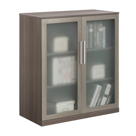 NBF Signature Series at Work Storage Cabinet with Glass Doors Warm Ash Laminate Brushed Nickel Accents and Frosted Glass Featuring Adjustable